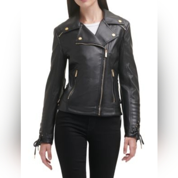 3X GUESS Black and Gold Vegan Leather Zippered Moto Jacket - Picture 1 of 6